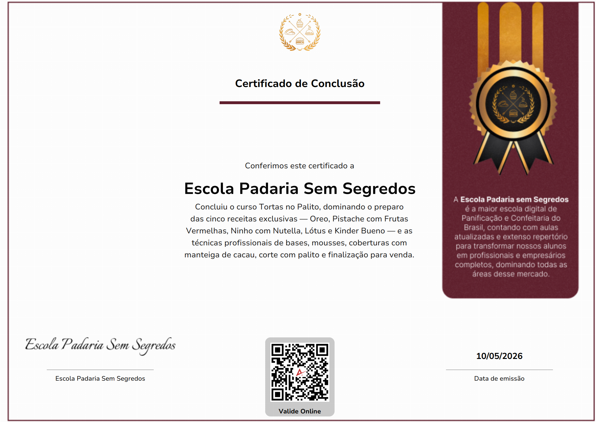 Modelo do certificado de conclusão emitido pela Escola Padaria Sem Segredos